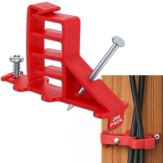 200 Pack Multi-Cable Staples with Steel Nails, Red Electrical Wire Stackers | Cable Stacker Clips for Organizing Multiple Electrical Wires NM Cable Coaxial and Data Lines on Wood Framing for Neat Routing