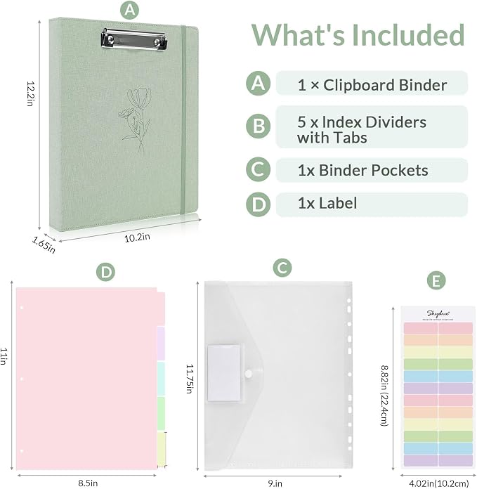 SKYDUE Clipboard Binder with Dividers,1 Inch Linen 3 Ring Binder with Clipboard on Front for Organizer, Clipboard Folder with Pocket, Labels Office Supplies OliveGreen