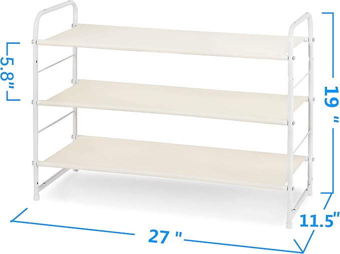 Simple Trending 3-Tier Stackable Shoe Rack, Expandable & Adjustable Fabric Shoe Shelf Storage Organizer, White
