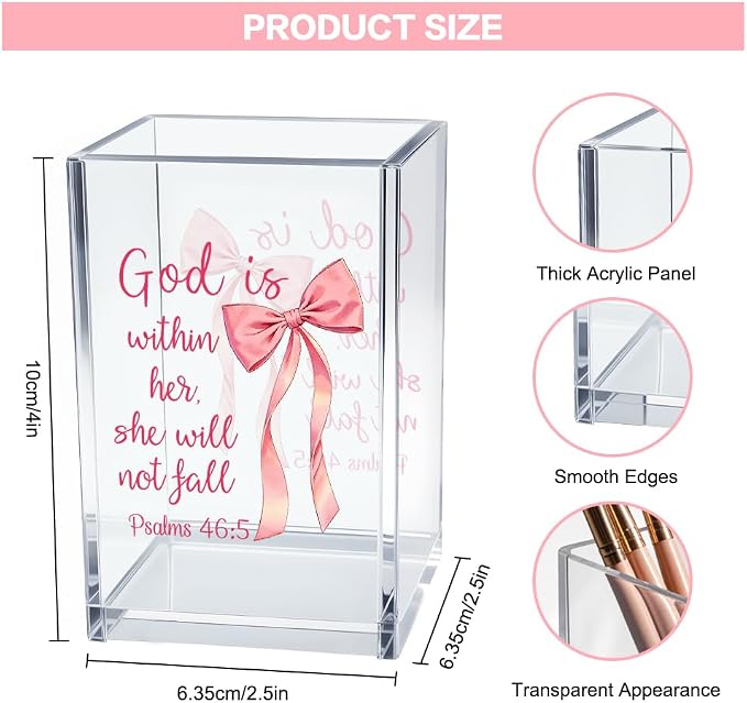 God is Within Her She Will Not Fall Psalm 46:5 Acrylic Cosmetic Pencil Pen Holder Cup, Pink Preppy Bow Desk Organizer for Home Office Decor, Christian Faith Gifts for Women Girls Coworkers Lady