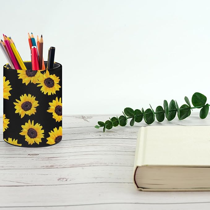 Sunflower Pen Holder Pencil Cup for Desk Organizer | Cute Makeup Brush Holder PU Multifunctional Office Suppliesfor Decor Home Classroom School