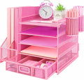 Desk Organizers and Accessories with File Holder, 5-Tier Paper Letter Tray Organiser with Drawer and 2 Pen Holder, Mesh Desktop Document Organizer for Office Supplies, Workspace - Pink