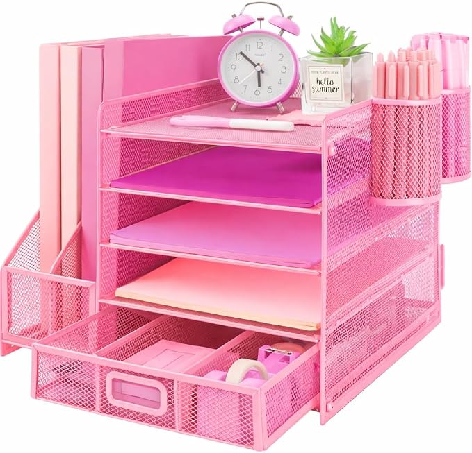 Desk Organizers and Accessories with File Holder, 5-Tier Paper Letter Tray Organiser with Drawer and 2 Pen Holder, Mesh Desktop Document Organizer for Office Supplies, Workspace - Pink
