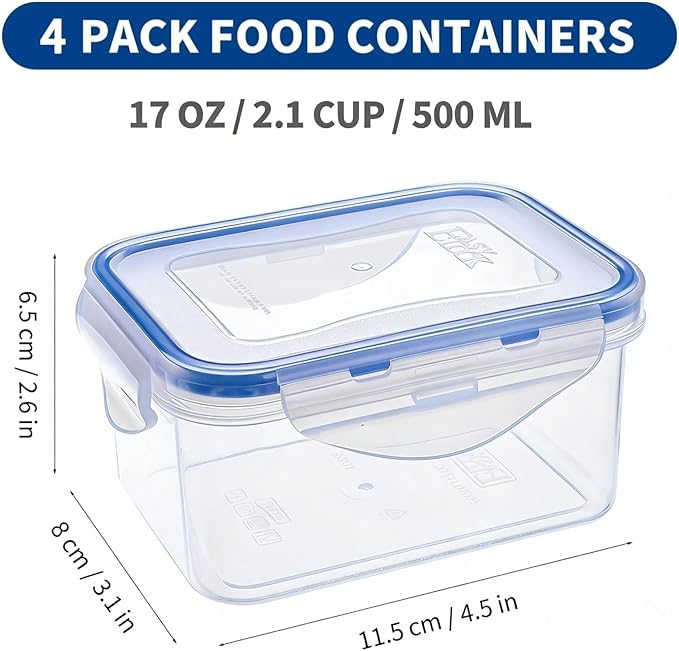 KIGI Small Food Storage Containers, Rectangle, 4-Sided Locking Airtight Lids, BPA-Free Plastic, Leak-Proof for Lunch, Meal Prep, Snack & Portion Control, 17 oz / 2.1 Cup, 8 Piece Set