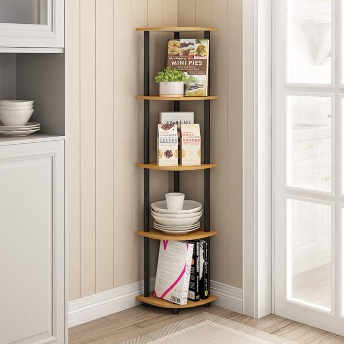 Furinno TURN-N-TUBE Corner Shelf, 5-Tier Corner Bookshelf, Open Storage Shelves, for Organization and Storage, Living Room, Home Office, Garage, Bedroom, Light Cherry