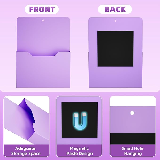 Marbrasse 2 Pack Magnetic File Holder - Paper Holder, Pocket Organizer,Hanging Wall File Organizer Office Supplies Storage, Magazine Mail Organizer Case for Notebooks,Planners,Letter (Purple)