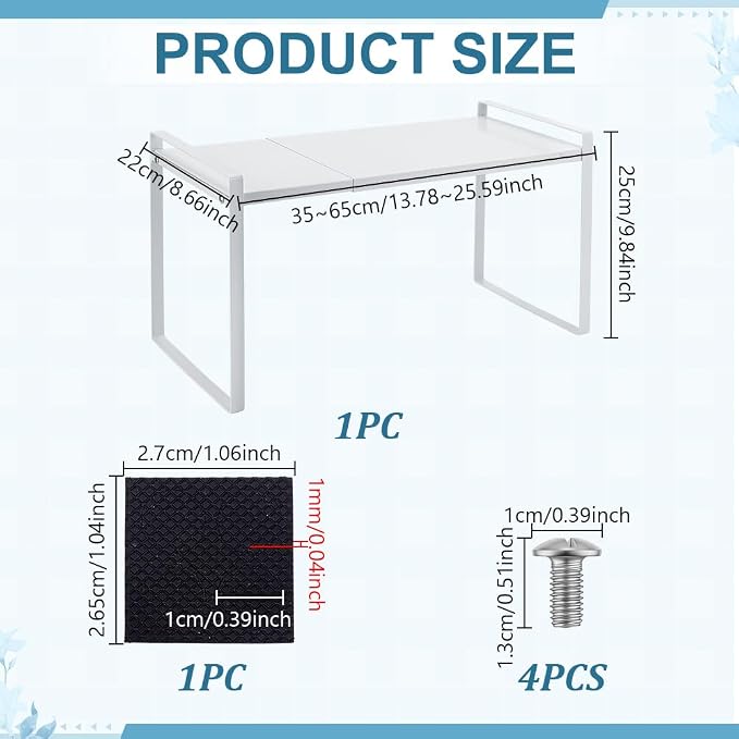 AHANDMAKER Adjustable Pantry Organizers Shelf Expandable 13.78 to 25.59inch Stackable Alloy Freestanding Storage Cabinet Organizer for Under Sink Countertop Home Storage, White