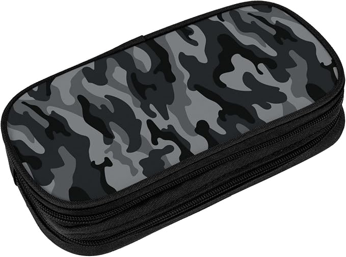 Perinsto Army Camouflage Pencil Case Big Capacity Multi Compartment Stationery Box Black And Grey Camo Pencil Pouch Holder Desk Organizer For School Office Home, Black