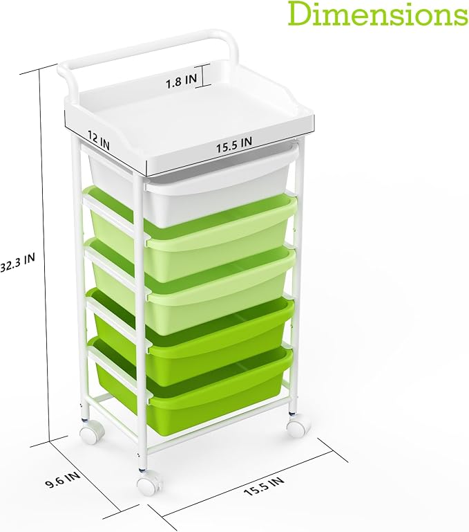 Five Drawer Rolling Cart, Craft Organizers and Storage for Home Office Classroom, Plastic Drawer Storage With Handle, Utility Cart With Removable Drawers for Tools, Toys and craft materials(Green)