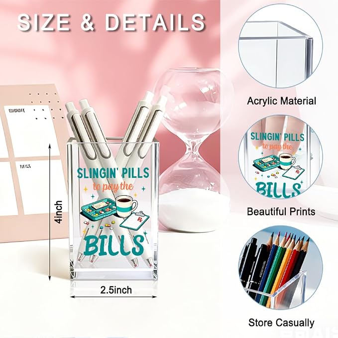 Slingin' Pills To Pay The Bills Acrylic Pencil Pen Holder Cup, Pharmacy Job Worker Makeup Brush Storage Organizer, Funny Healthcare Worker Desk Accessories Holder Gifts for Nurse & Pharmacist