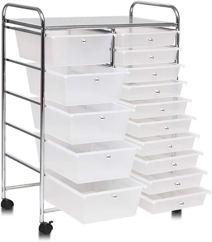 Giantex 15 Drawer Rolling Storage Cart Tools Scrapbook Paper Office School Organizer, Clear