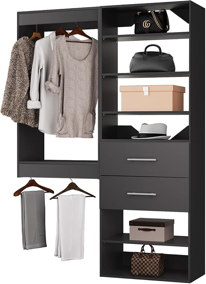 ROOMTEC Modular Closet System, 49" Wall Mounted Closet Organizer with Hanging Rods and Drawers, Wooden Tower for Walk-In Closets, Wardrobe Storage Kit, Black