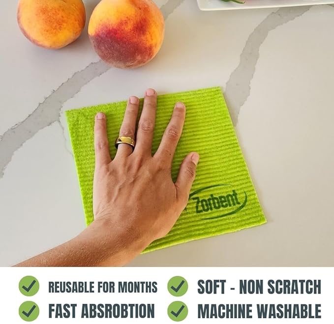 Zorbent Super Absorbent Towels 10 Pack, Green, Reusable Paper Towel Alternative, Lint Free Cleaning Cloth for Kitchen, Gym, Shoes, Travel, & Camping, Multipurpose Damp Duster, Spill & Mess Cleaner