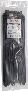 Superun Black Zip Ties 12 Inch 50 Lbs UV resistant Cable Ties 100 Pack | Self-locking,Width 0.19",Max Bundle Diameter 3.2",Industrial Grade,fireproof,Heavy duty,For indoor and outdoor