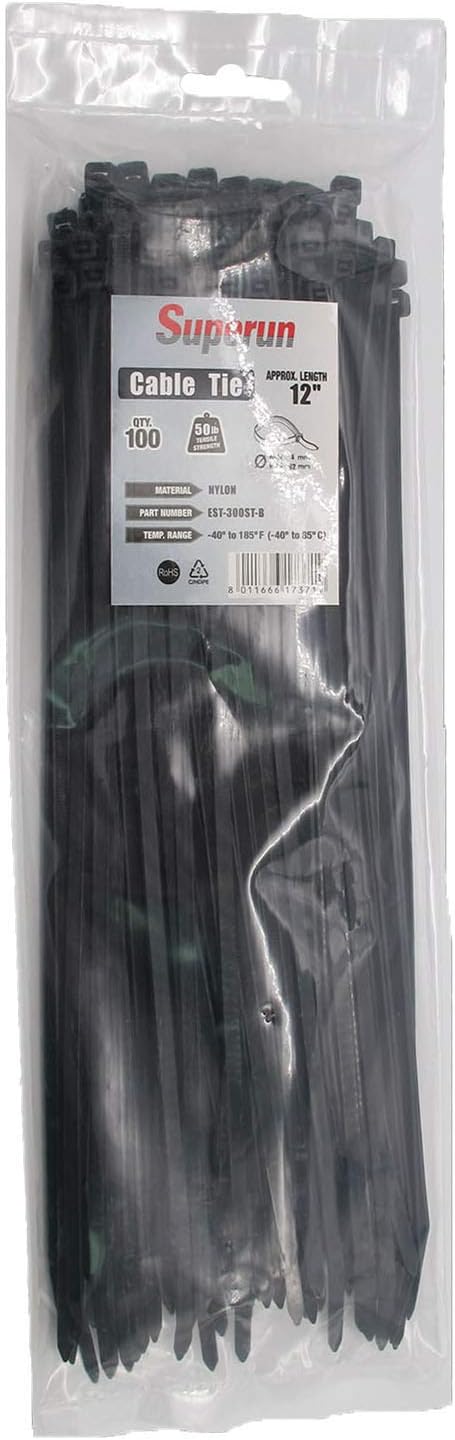Superun Black Zip Ties 12 Inch 50 Lbs UV resistant Cable Ties 100 Pack | Self-locking,Width 0.19",Max Bundle Diameter 3.2",Industrial Grade,fireproof,Heavy duty,For indoor and outdoor