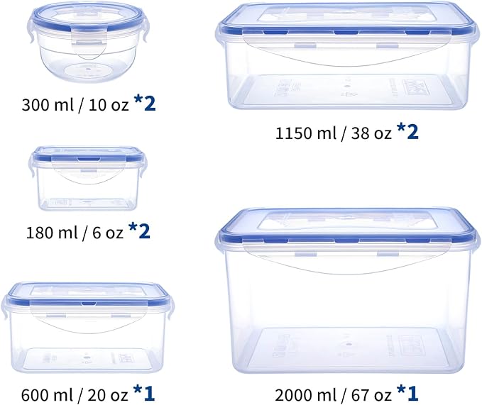 KIGI Food Storage Containers, 4-Sided Locking Lids, Airtight & Stackable, Ideal for Meal Prep, Lunch & Leftovers, BPA-Free Plastic, Multi-Size Multi-Use Set, 16 Pieces