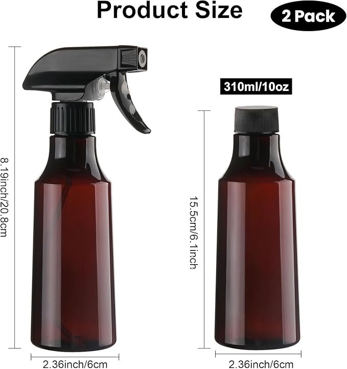 2 Pack 10oz/310ml Plastic Spray Bottles 360° Reverse Empty Spray Bottle Adjustable Nozzle Fine Mist Spray Bottle for Hair Cleaning Solutions Cooking Plant Essential Oils(Brown)