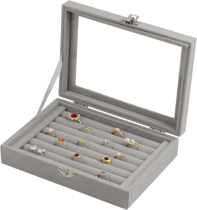 Fordonral Velvet Jewelry Organizer Box, Jewelry Drawer Organizers Trays, Earring Ring Necklace Holder Display Case (Gray, Ring Box)