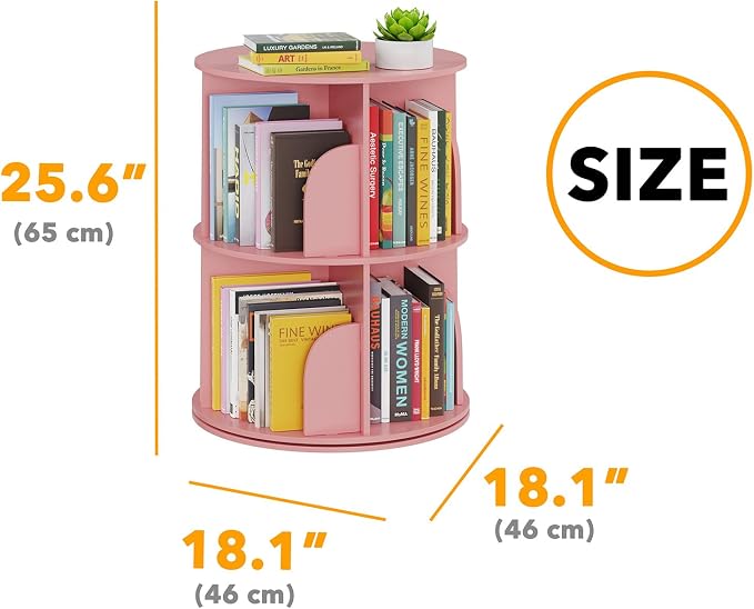 SpaceAid 2 Tier Rotating Bookshelf Tower, Spinning Bookcase Lazy Susan, Revolving 360 Book Shelf Storage Round Carousel, Vertical Rotate Turning Spiral Corner Organizer, Pink