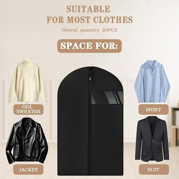 20 Pack Garment Bags for Hanging Clothes,Suit Bags For Closet Storage and Travel with Clear Window 40-inch Suit Garment Bag for Men Women Skirt Shirt Coat,Black