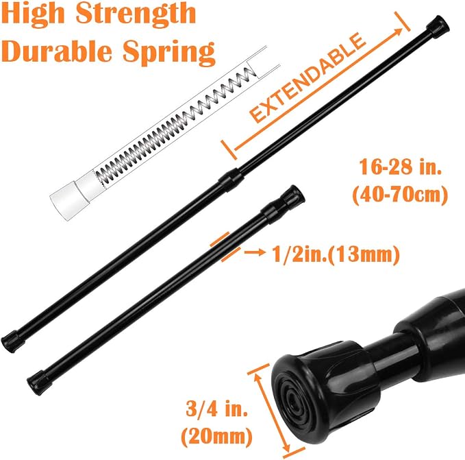 KXLife 2 Pack Spring Tension Curtain Rod for Window 16 to 28 Inch, Black | Expandable Adjustable Small Curtain Tension Rods, No Drilling, for Kitchen, RV, Cupboard, Refrigerator