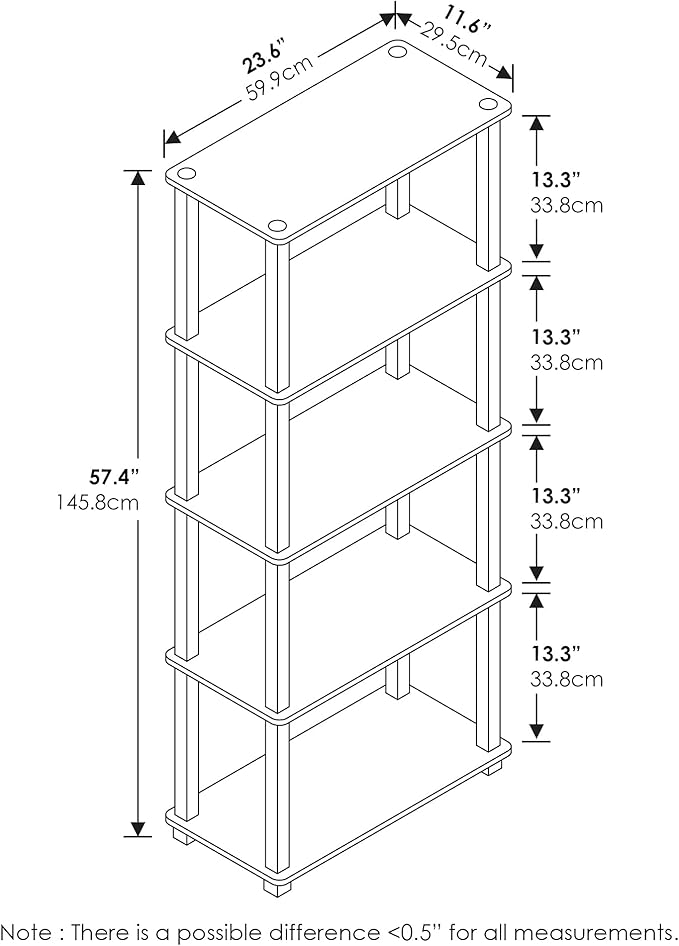 Furinno TURN-S-TUBE Book Shelf, 5-Tier Toolless Storage Shelves with Square Tubes, Shelving Unit for Organization and Storage for Living Room, Home Office, Columbia Walnut