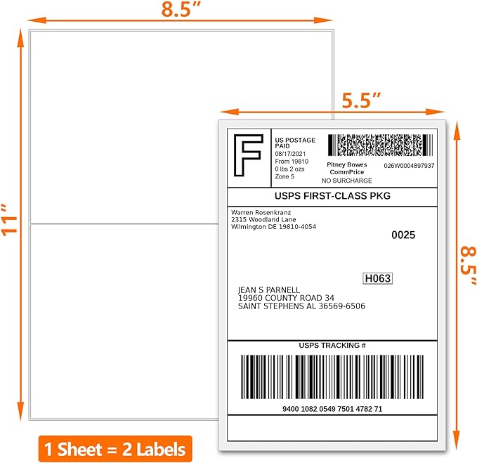 SJPACK 1000 Half Sheet Self Adhesive Shipping Labels, 8.5" x 5.5" Address Labels for Laser & Inkjet Printers(1000 labels-500 Sheet)