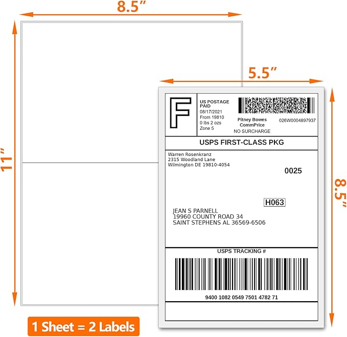 SJPACK 8000 Half Sheet Laser/Ink Jet Shipping Labels Mailing Labels 5-1/2" X 8-1/2"