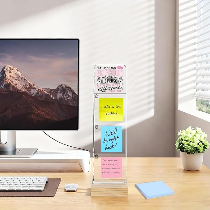 Sticky Note Holder, Monitor Memo Board, Acrylic Post It Note Holder with Wooden Base, Includes 100 Notes, Inspirational Nurse Desk Organizer, Nurse Quote “May You Be Proud of The Work You Do”