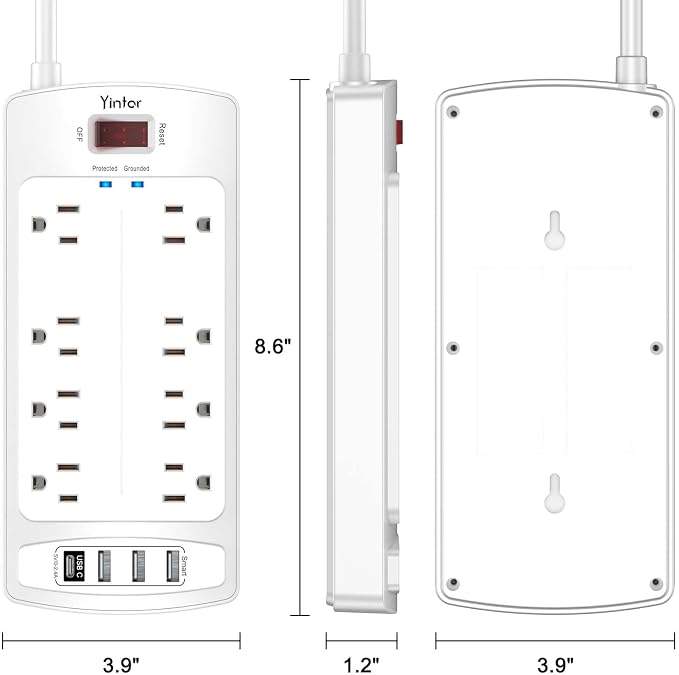 Surge Protector Power Strip, Yintar 10 Feet Flat Plug Extension Cord with 8 AC Outlets and 4 USB Ports, 2700 Joules, ETL Listed, White