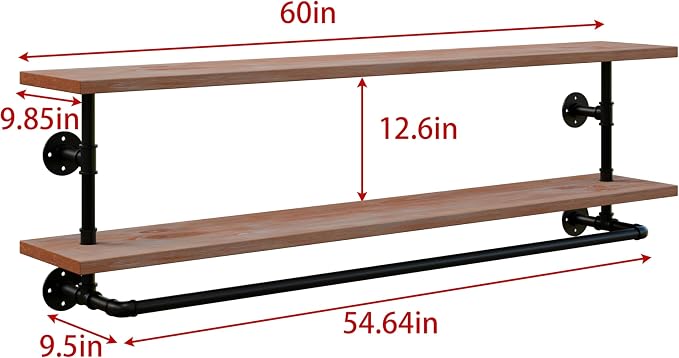 Clothes Rack 60in, 2-Tier Wall Mounted Garment Rack with Real Wood Shelf, Heavy Duty Hanging Clothes Rack, Multi-Purpose Hanging Rod, Space-Saving Closet Storage