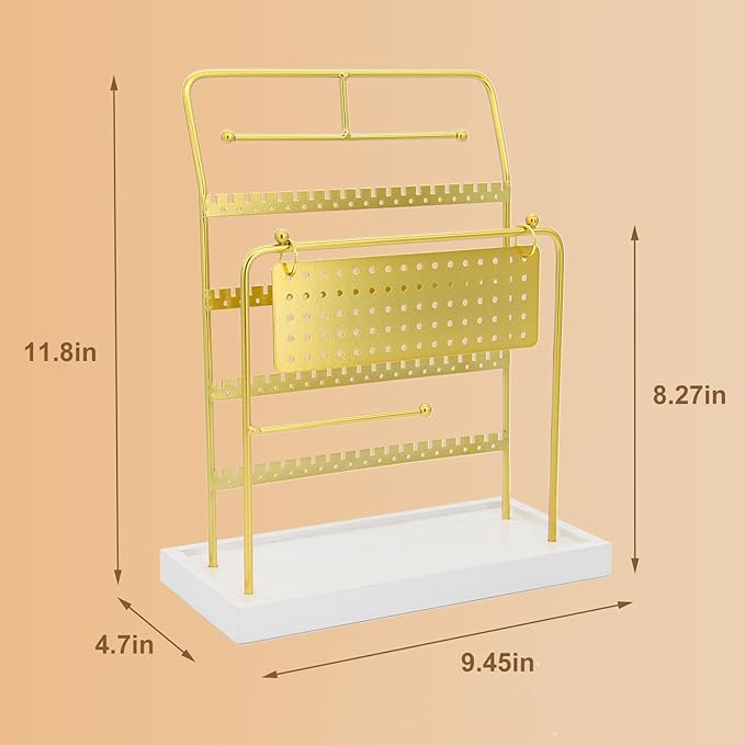 Jewelry Organizer Stand Metal Jewelry Display Rack with Wooden Tray Necklace Stand Partitioned Storage for Rings, Earrings and Bracelets Jewelry Rack(Gold)