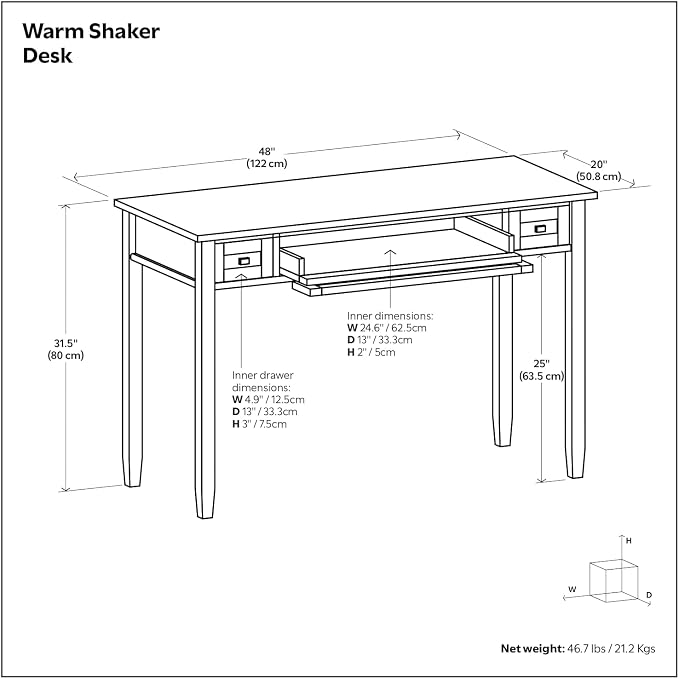 SIMPLIHOME Warm Shaker Desk - 48 Inch Wide Solid Wood Writing Desk in Light Golden Brown, Transitional Home Office Computer Table for Workspace or Study with Flip-Down Keyboard Tray and 2 Drawers