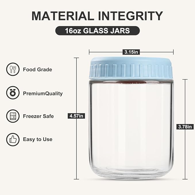 SHOWIN Overnight Oats Containers with Lids, 16oz Glass Jars with Lids 4 pcs, Light Blue, Wide Mouth Mason jars for Salad, Yogurt, Snacks, Meal Prep