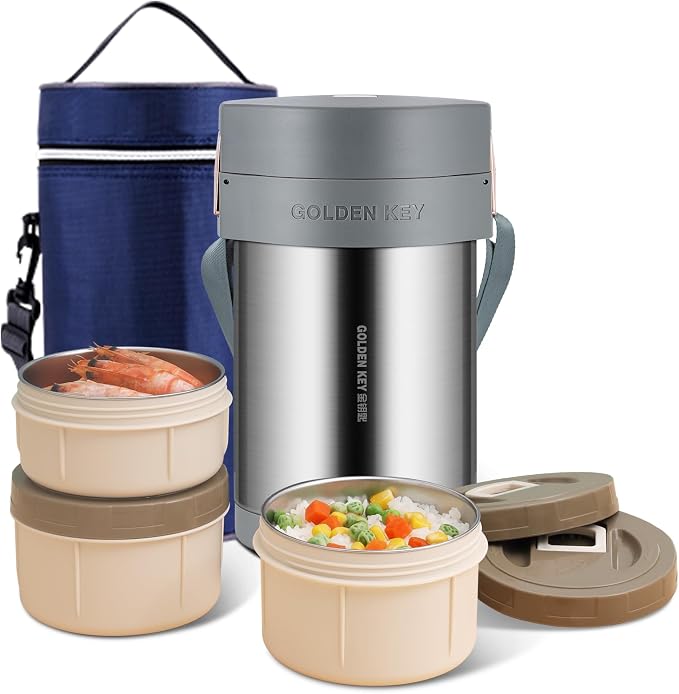 GOLDEN KEY 74 oz Stainless Steel Wide Mouth Large Food Thermo Hot Food Jar | 3 Tier Vacuum Insulated Stackable Hot Food Containers with Keep Thermal Portable,Hot & Cold Food Insulated Food Jars(Silver)