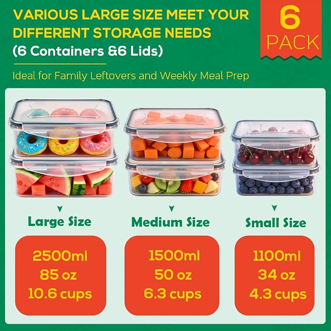 6 Pack Large Food Storage Containers with Lids (85oz/50oz/34oz) –BPA-Free Reusable Thicker Plastic Freezer Safe Storage Containers, Airtight & Leakproof Kitchen Meal Prep Containers for Food