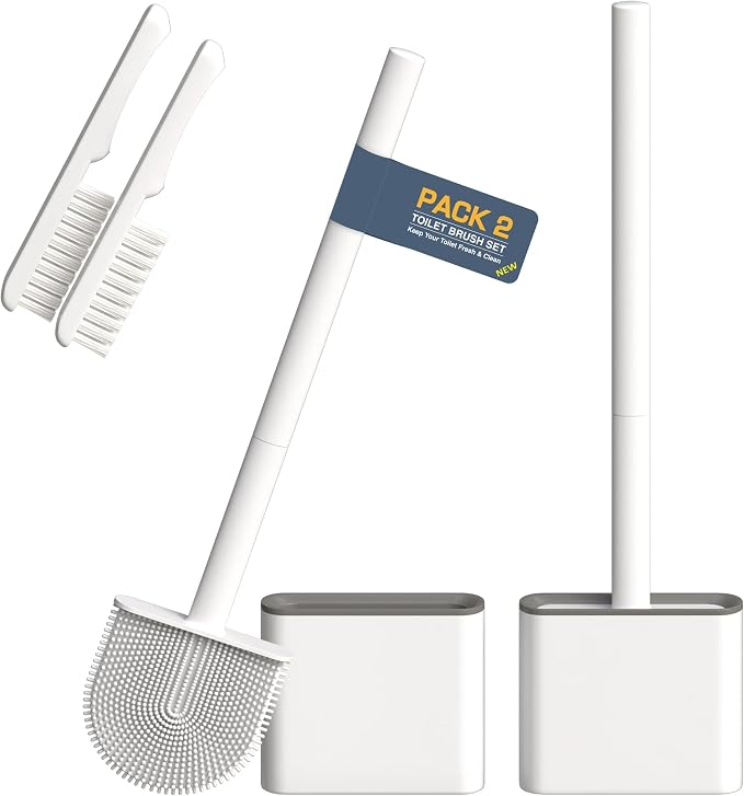 2 Pack Silicone Toilet Brushes & Holders– Includes 2 Crevice Brushes for Bathroom, Long Non-Slip Handle – Durable Bathroom Cleaning Set.