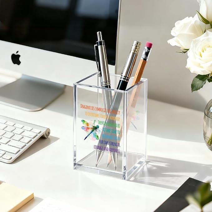 Dragonflies Symbolize Our Ability Acrylic Pen Holder Cosmetic Organizer, Funny Dragonfly Pen Pencil Holders for Desk, Desk Accessories Office Gifts for Dragonfly Lover Teacher Coworker Daughter