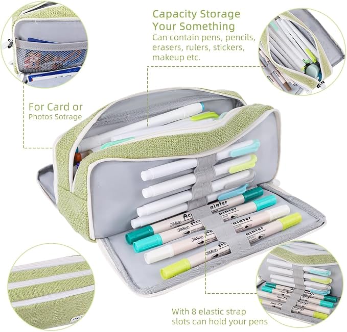 iSuperb Large Pencil Pouch 3 Compartments Pencil Case Big Capacity Pencil Bag for Kids Teen Girls Boys Student School Supplies Pen Organizer Holder Bag (Green)