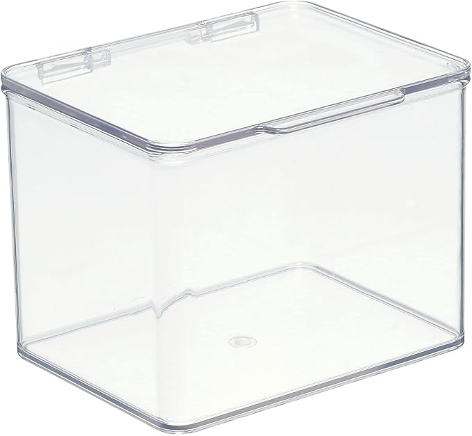 mDesign Small Plastic Home Office Storage Organizer Box Containers with Hinged Lid for Desktops - Holds Pens, Pencils, Sticky Notes, Highlighters, Staples, and Supplies - Clear