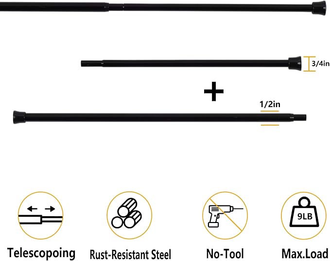 KXLife Tension Curtain Rod Adjustable 28-40 Inch, 2 Pack, Black | No Drilling, Expandable Spring Loaded, Renter Friendly, for Window, Doorway, Kitchen