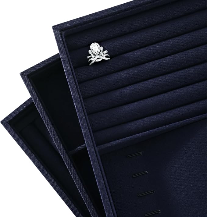 Linen Stackable Ring Ear Studs Display Tray, Premium Rings Storage Tray, Jeweler Shop Counter Showcase Table Top Organizers, Makeup Table Drawer Insert Jewelry Tray