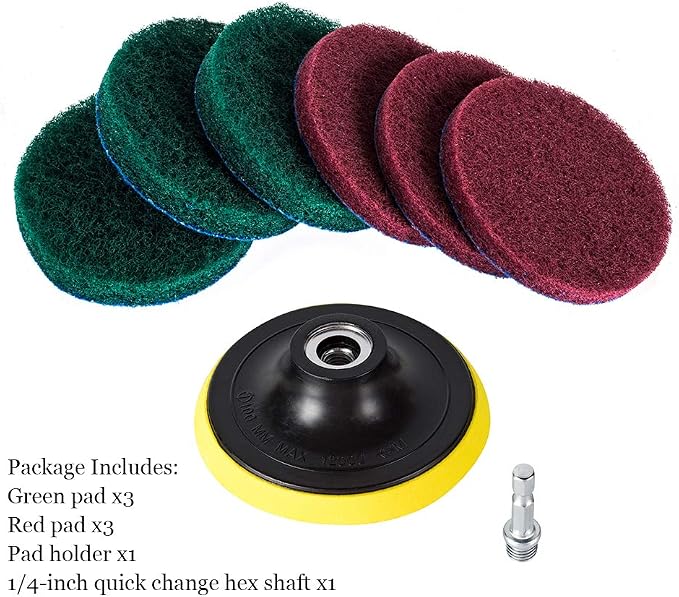 4 Inch Drill Powered Brush Tile Scrubber Scouring Pads Cleaning Kit | Pad Holder and Metal Shaft Included