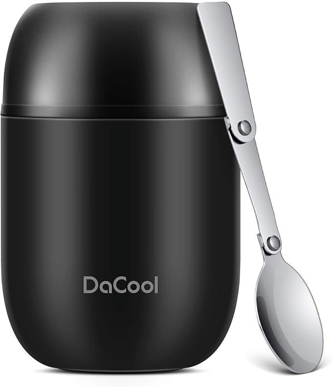 DaCool Insulated Lunch Container Insulated Food Jar 16 oz Stainless Steel Vacuum Bento Hot Lunch Box for Kids with Spoon Leak Proof Hot Cold Food for School Office Picnic Travel Outdoors - Black