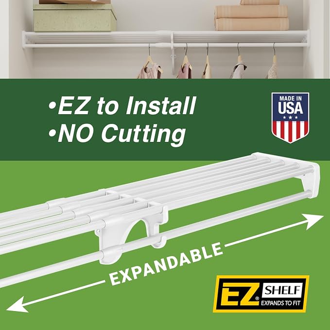EZ Shelf-Expandable-Closet Shelf (NO Hanging Rod)- 42.5” to 75” -White-Easy Install to Backwall(Floating)-Wire Closet Shelving Alternative-(EZS-SW72-1-2)