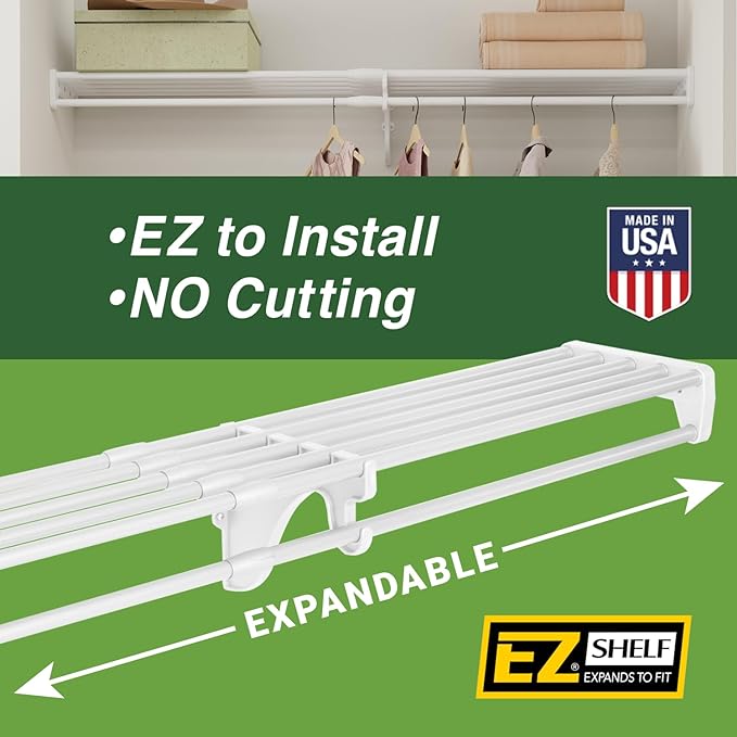 EZ Shelf - White Expandable 65.3” to 120” Closet Rod and Shelf - 200 lbs. Capacity – Quick - Install Closet Shelves for Closets, Laundry Rooms, and Offices – Mounts to Back Wall with 2 End Brackets