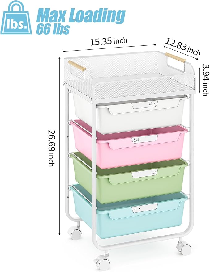 SYKIARIOL 4-Drawer Rolling Storage Cart with Mesh Top, Utility Craft Organizer Cart on Wheels with DIY Labels, Rolling Drawer Cart for Home Office Classroom Bedroom, Colourful
