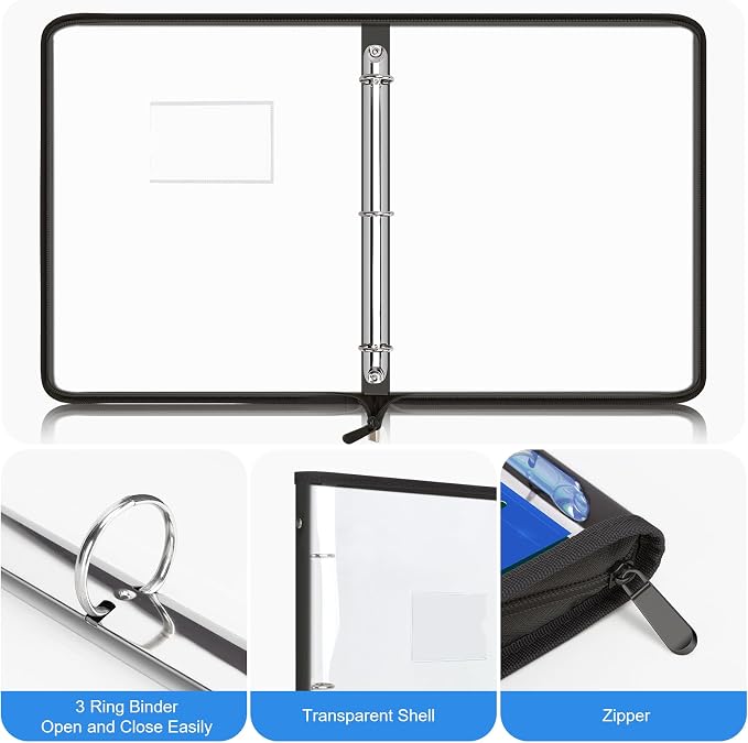 Uquelic Document Organizer, Soft PVC 3 Ring Binder with 12 Pockets | Colorful Zipper Binder with Dividers Letter Size, Large Capacity Cute Folder for School, Office & Home Use (Black)