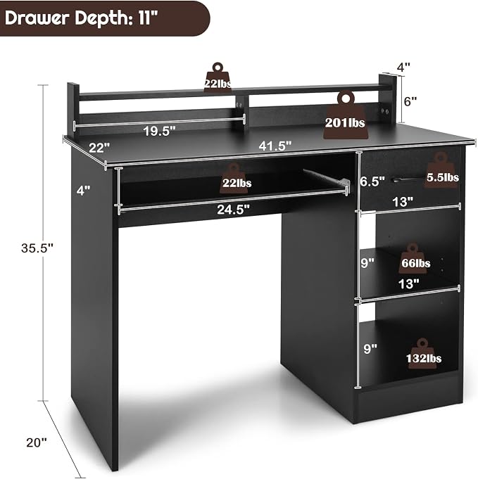COSTWAY Computer Desk with Hutch, Home Office Desk with Drawer, Adjustable Shelf & Keyboard Tray, Study Writing Desk, Executive Workstation for Living Room, Bedroom & Study (Black)