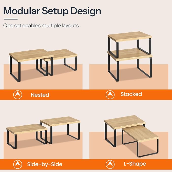 HOOBRO Cabinet Organizer Shelf, Set of 2, Kitchen Countertop Organizer, Kitchen Countertop Shelf, Spice Rack for Counter, Stackable, Expandable for Cabinet, Kitchen, Natural and Black BN33TL01